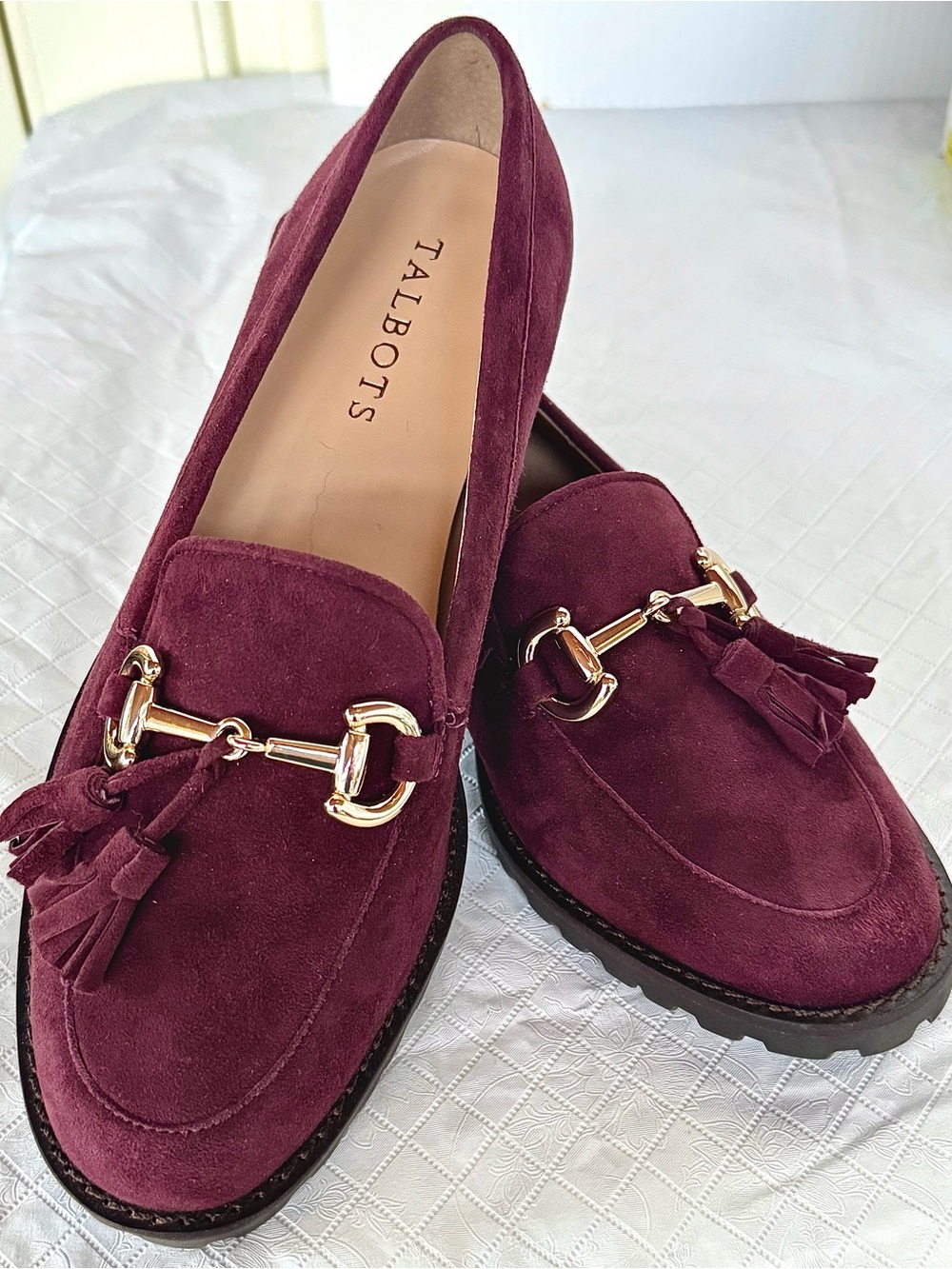 Talbots Plum Suede Cassidy Tassels Loafers with Gold Bit Hardware Women’s 6.5